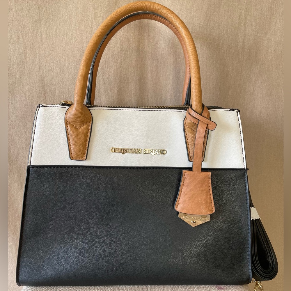 Christian Siriano Black and White Satchel with Tan Handles
